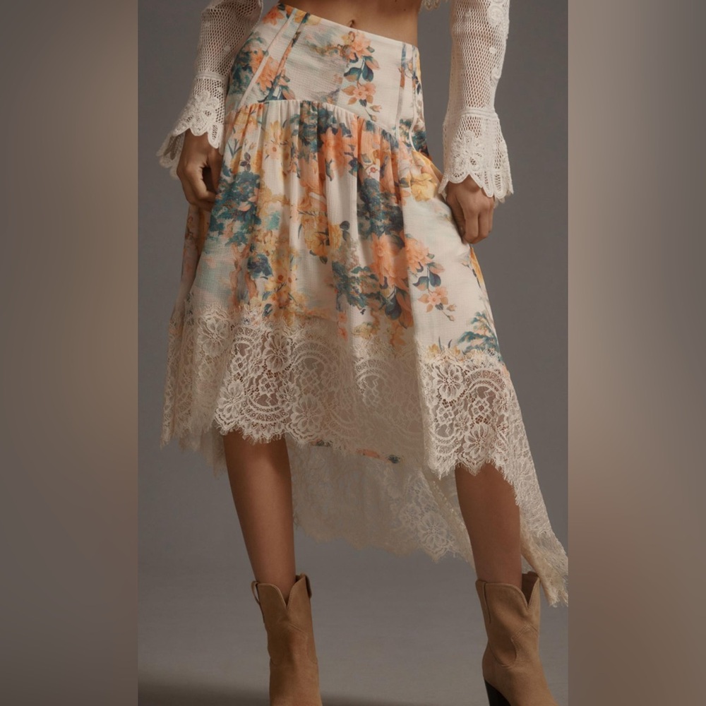 Anthropologie Asymmetrical Lace Midi Skirt